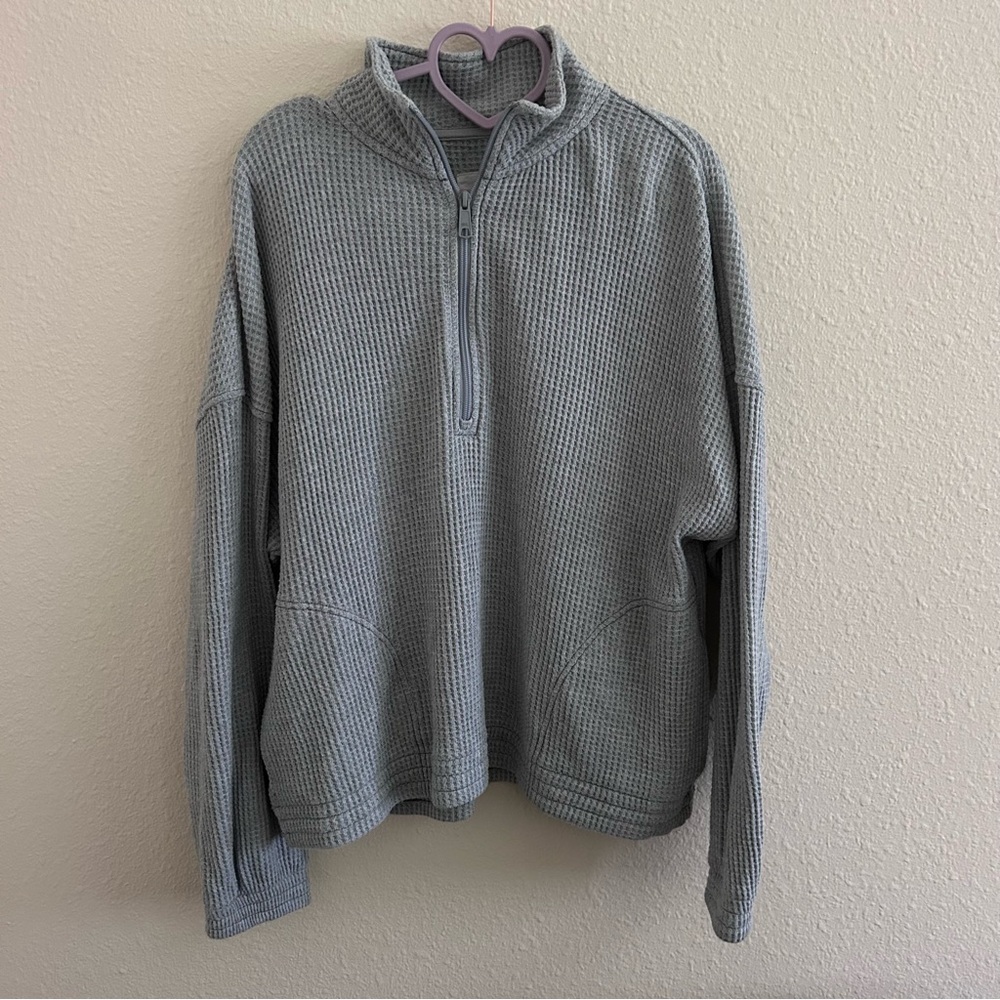 Aerie Pullover Sweatshirt L Large Quarter-Zip Gray Waffle